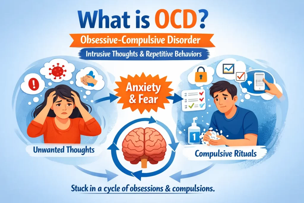 n infographic titled "What is OCD? Obsessive-Compulsive Disorder: Intrusive Thoughts & Repetitive Behaviors." It illustrates a continuous cycle with arrows. On the left, a distressed woman represents "Unwanted Thoughts" (like fear of germs or harm). This leads to an orange burst labeled "Anxiety & Fear," which then leads to a man on the right performing "Compulsive Rituals" (like washing hands and checking locks). This loops back to a graphic of a brain at the bottom, with text reading, "Stuck in a cycle of obsessions & compulsions."